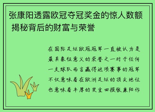张康阳透露欧冠夺冠奖金的惊人数额 揭秘背后的财富与荣誉 张康阳透露欧冠夺冠奖金的惊人数额 揭秘背后的财富与荣誉