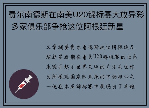 费尔南德斯在南美U20锦标赛大放异彩 多家俱乐部争抢这位阿根廷新星
